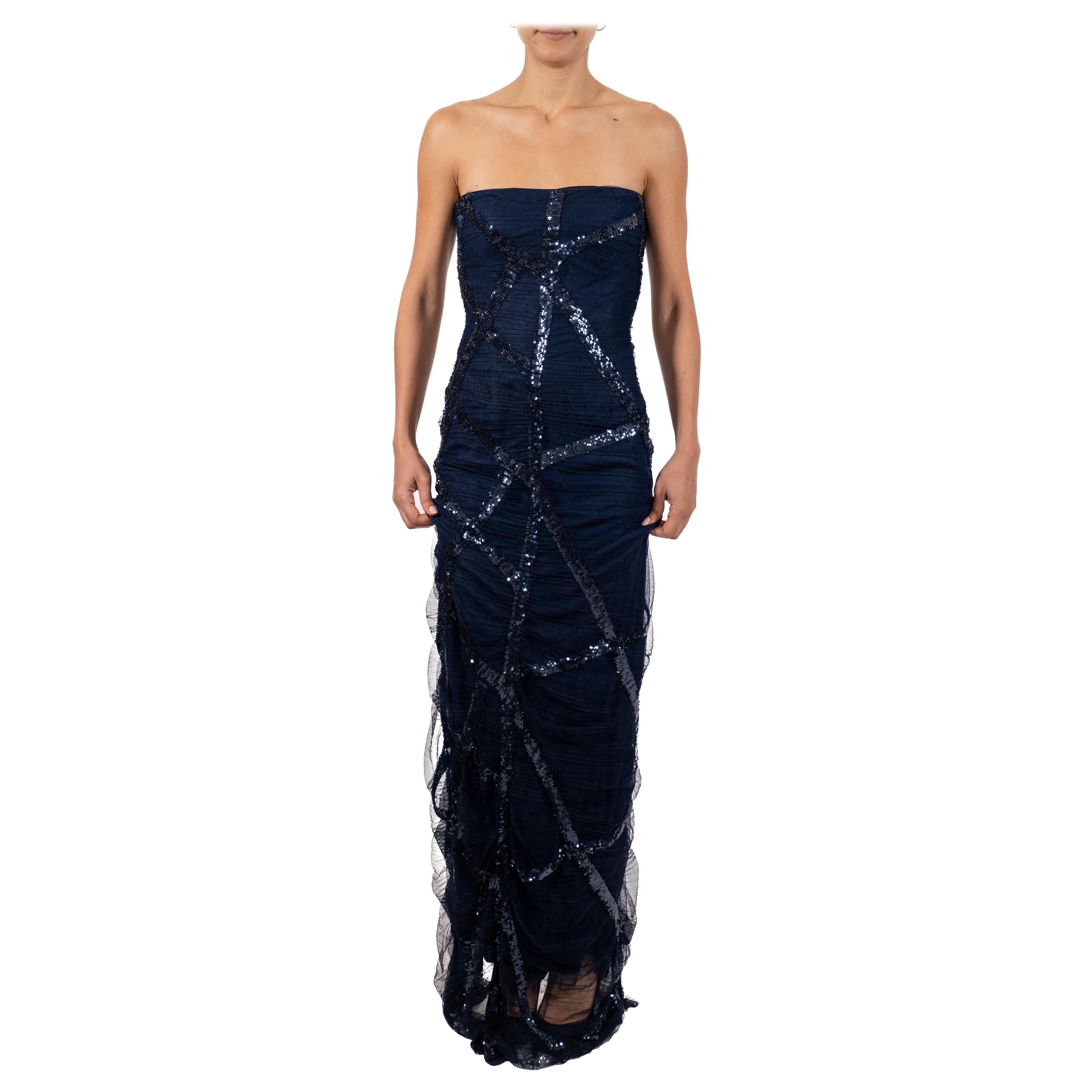 1990S Navy Blue Sequined Silk Strapless Gown For Sale
