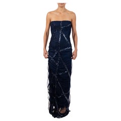 1990S Navy Blue Sequined Silk Strapless Gown
