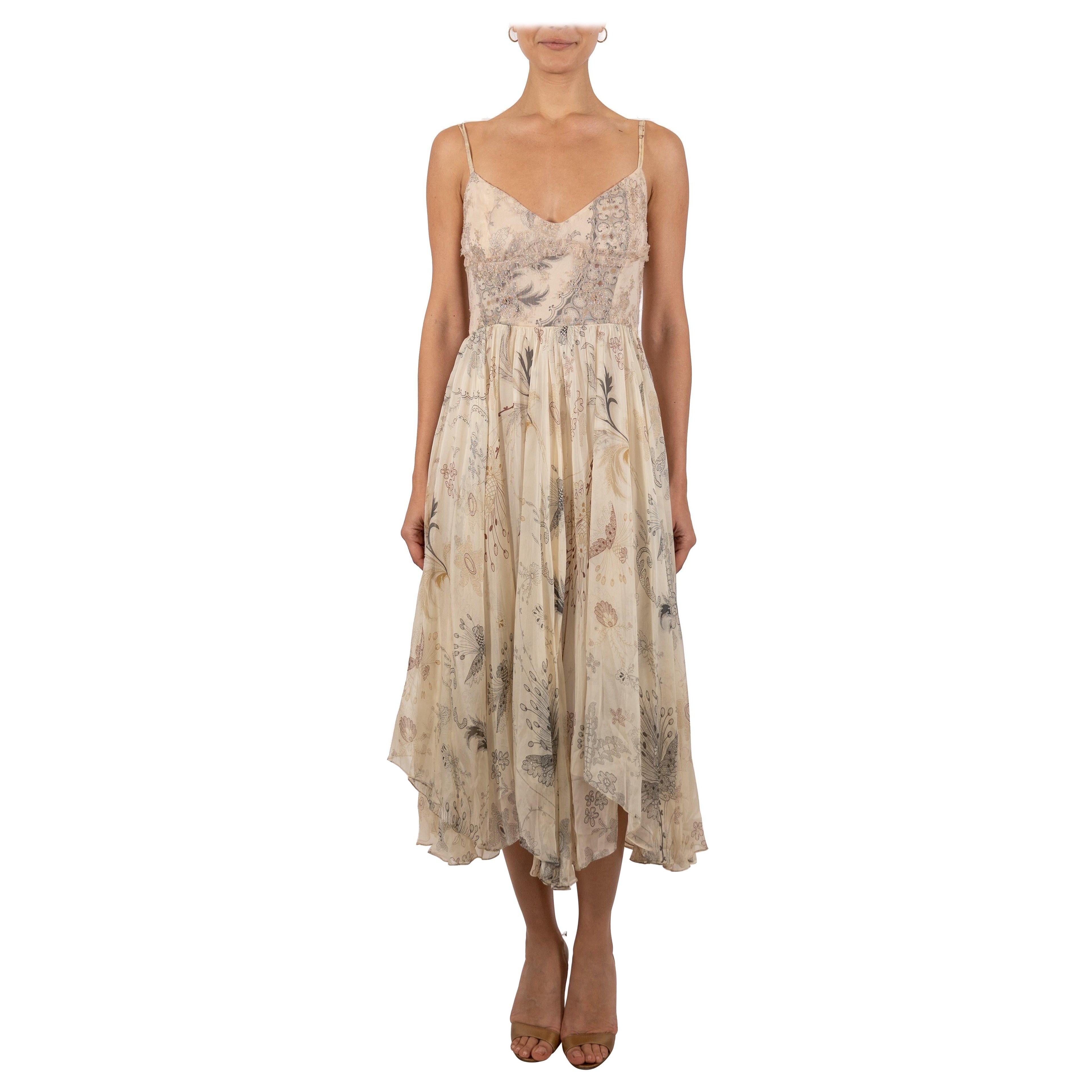 2000S Christian Lacroix Champagne Metallic Silk Chiffon & Lace Dress For Sale