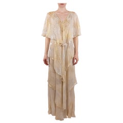 1970S Vicky Tiel Cream Beaded Rayon/Lurex Chiffon Loose Boho Ruffled Gown