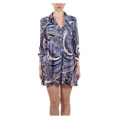 Vintage 1960S Blue & Purple Poly Blend Jersey Long Sleeve Baby-Doll Dress