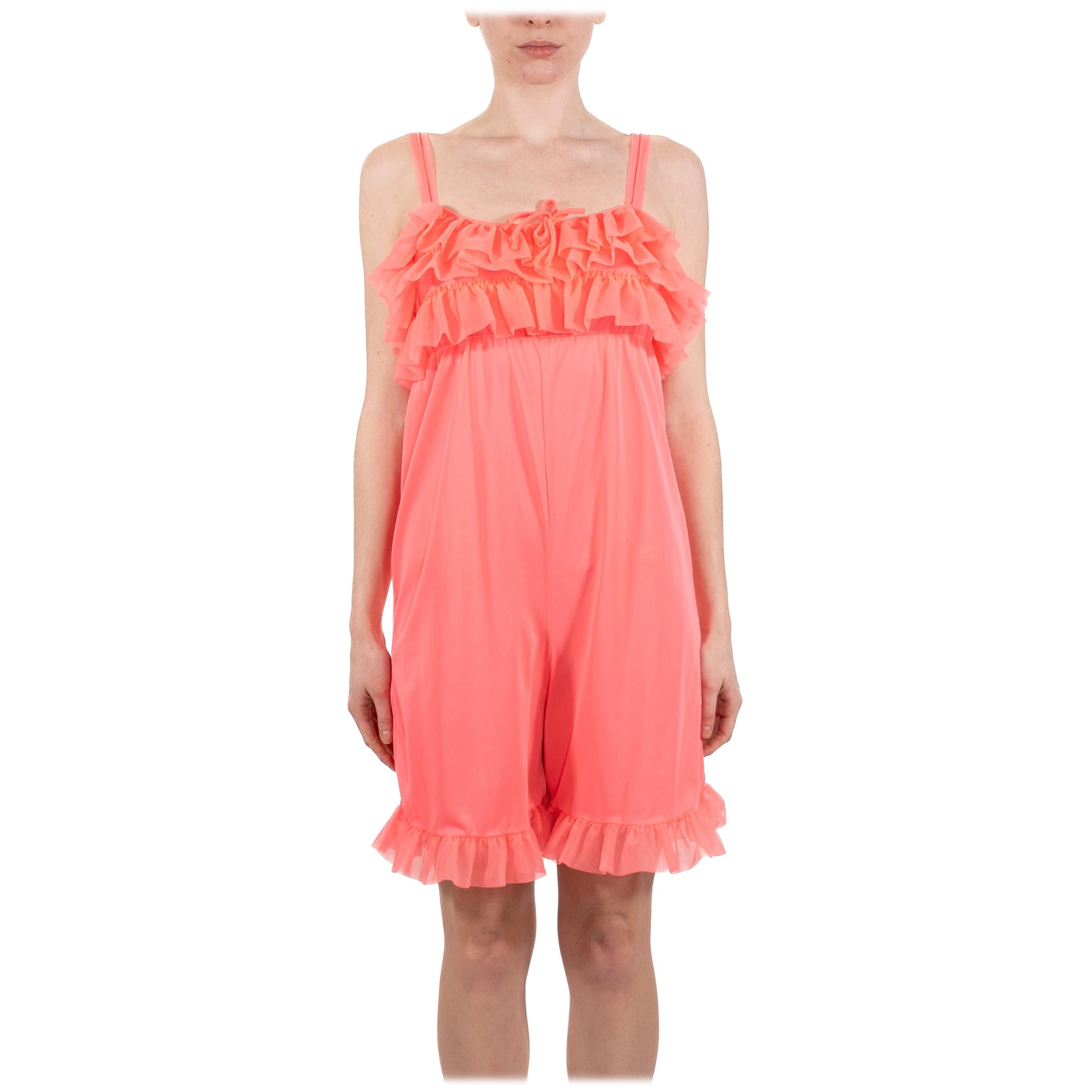 1960S Hot Pink Nylon Tricot Jersey Lingerie Romper With Ruffles