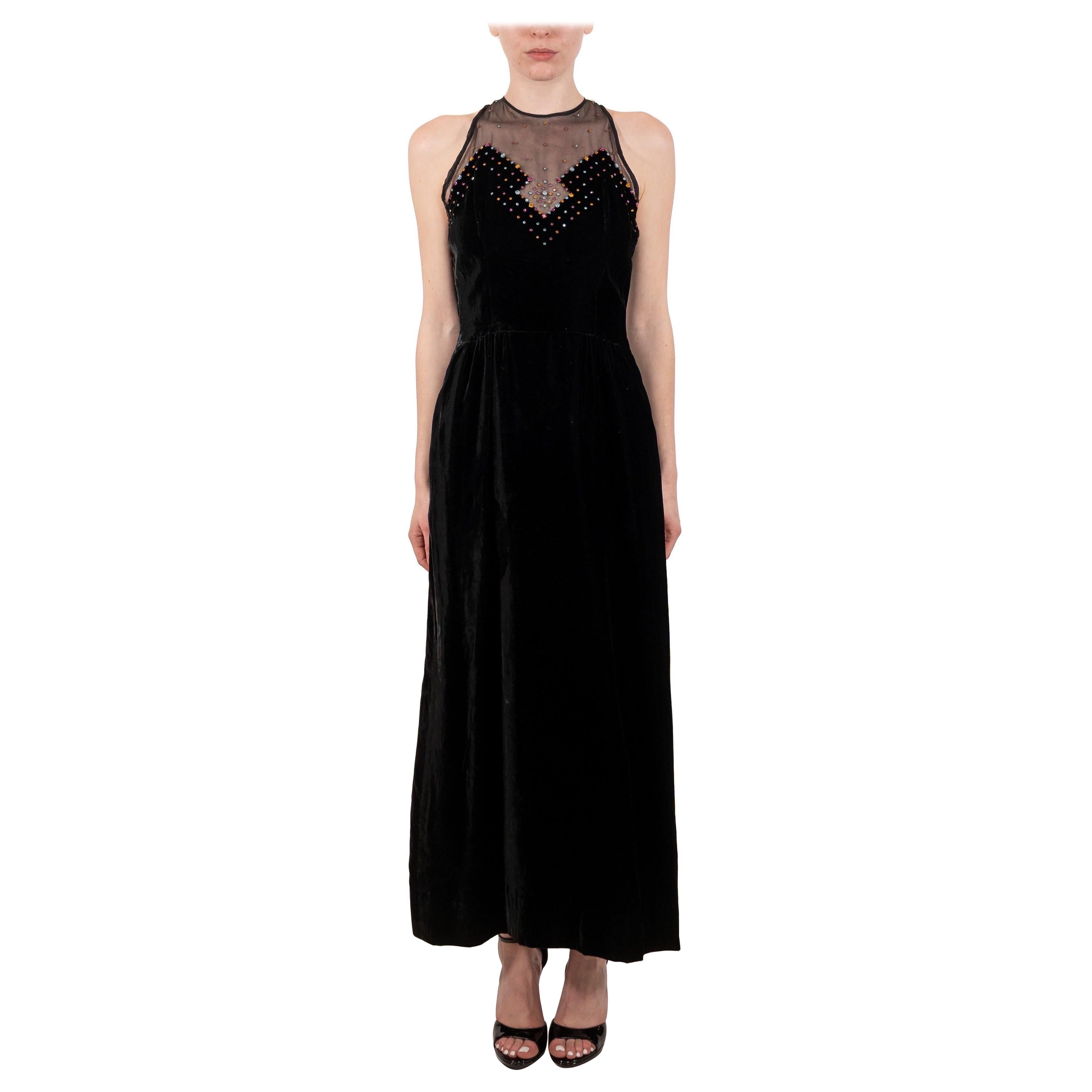 1970S Black Crystal Studded Silk Velvet Art Deco Inspired Gown With Crystals For Sale