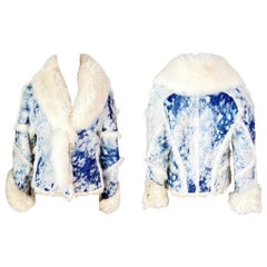 Roberto Cavalli H/W 2001 Blauer Tie Dye Shearling Leder & Fuchspelz Jacke Mantel mit Fuchspelz