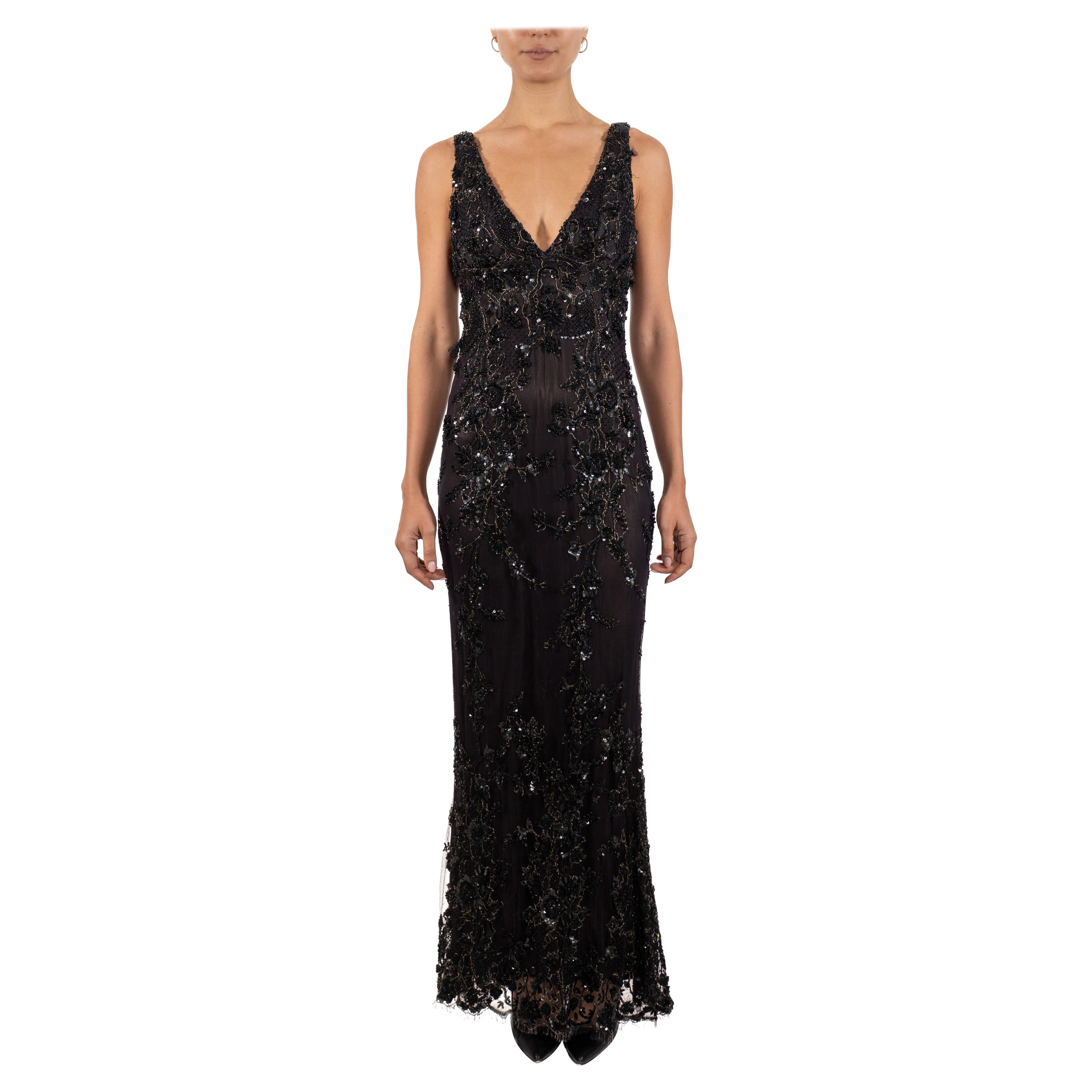 1990S Brown & Black Beaded Silk Chiffon Lace Gown For Sale