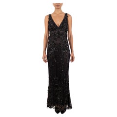 1990S Brown & Black Beaded Silk Chiffon Lace Gown