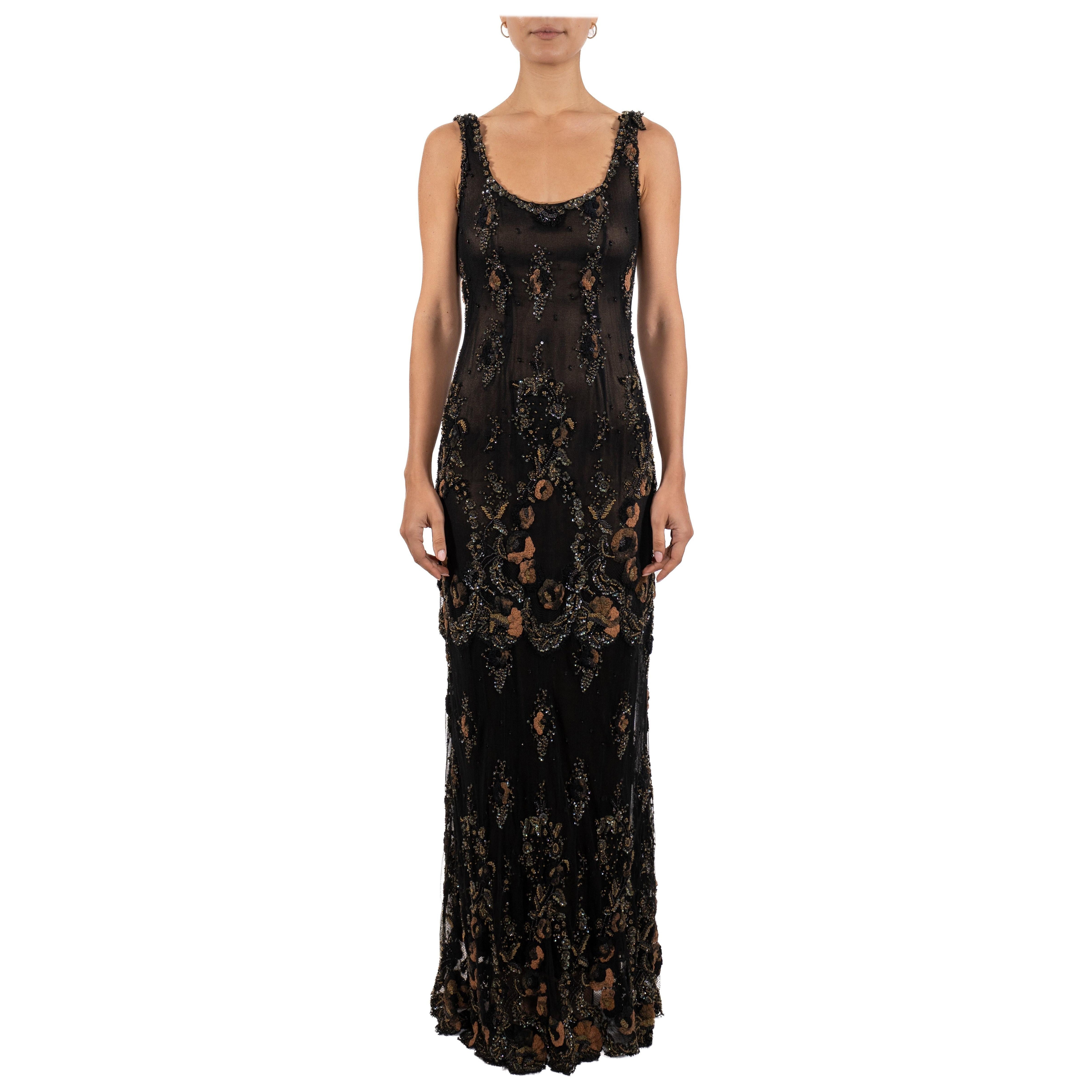 1990S Black & Brown Beaded Silk Chiffon Heavily Embroidered Lace Gown For Sale
