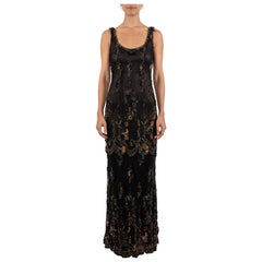 1990S Black & Brown Beaded Silk Chiffon Heavily Embroidered Lace Gown