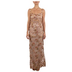 1990S Blush Pink & Beige Silk Chiffon Fully Beaded Embroidered Chantilly Lace G