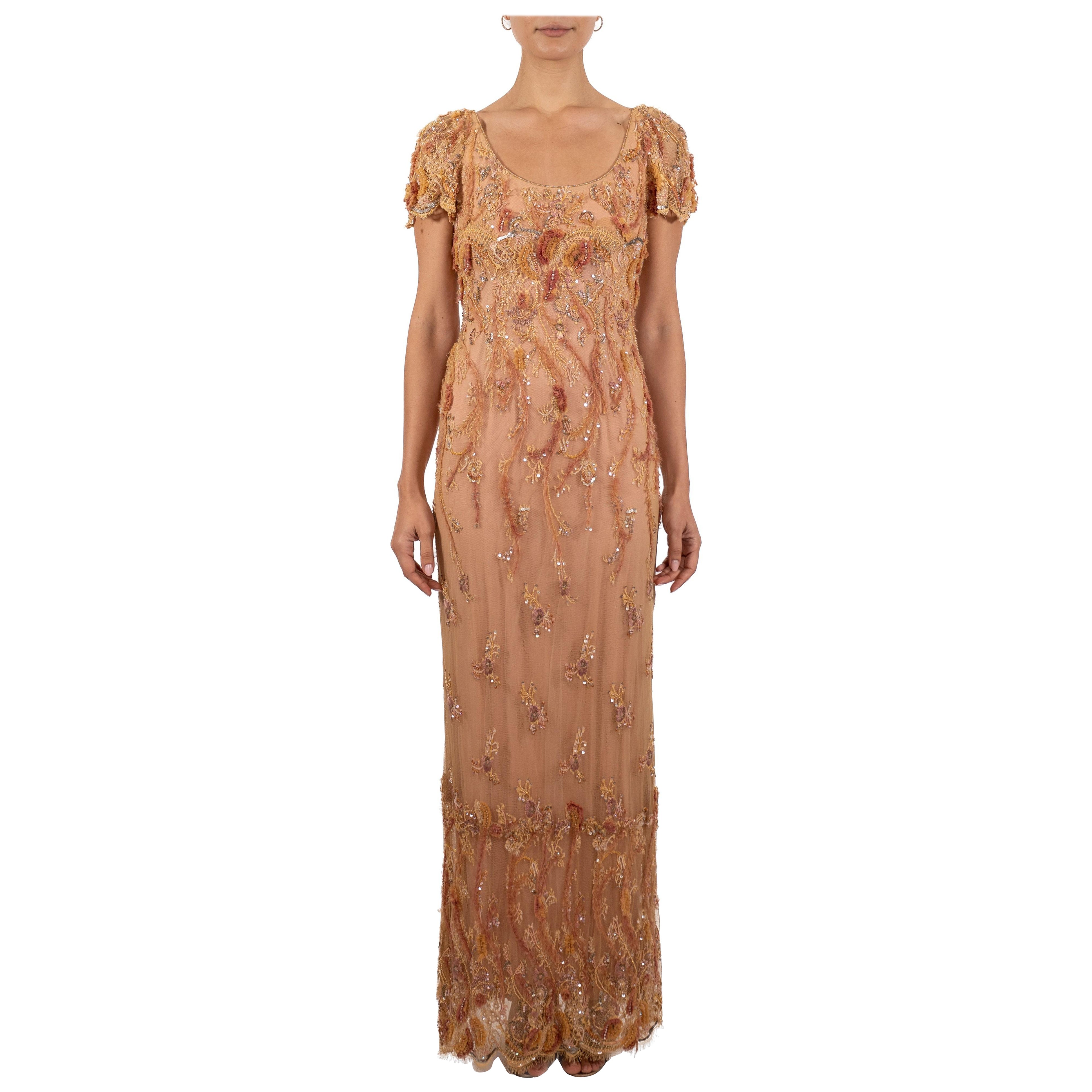 1990S Peach & Cream Silk Chiffon Chantilly Lace Empire Waist Gown Covered In Be For Sale