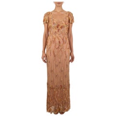 1990S Peach & Cream Silk Chiffon Chantilly Lace Empire Waist Gown Covered In Be