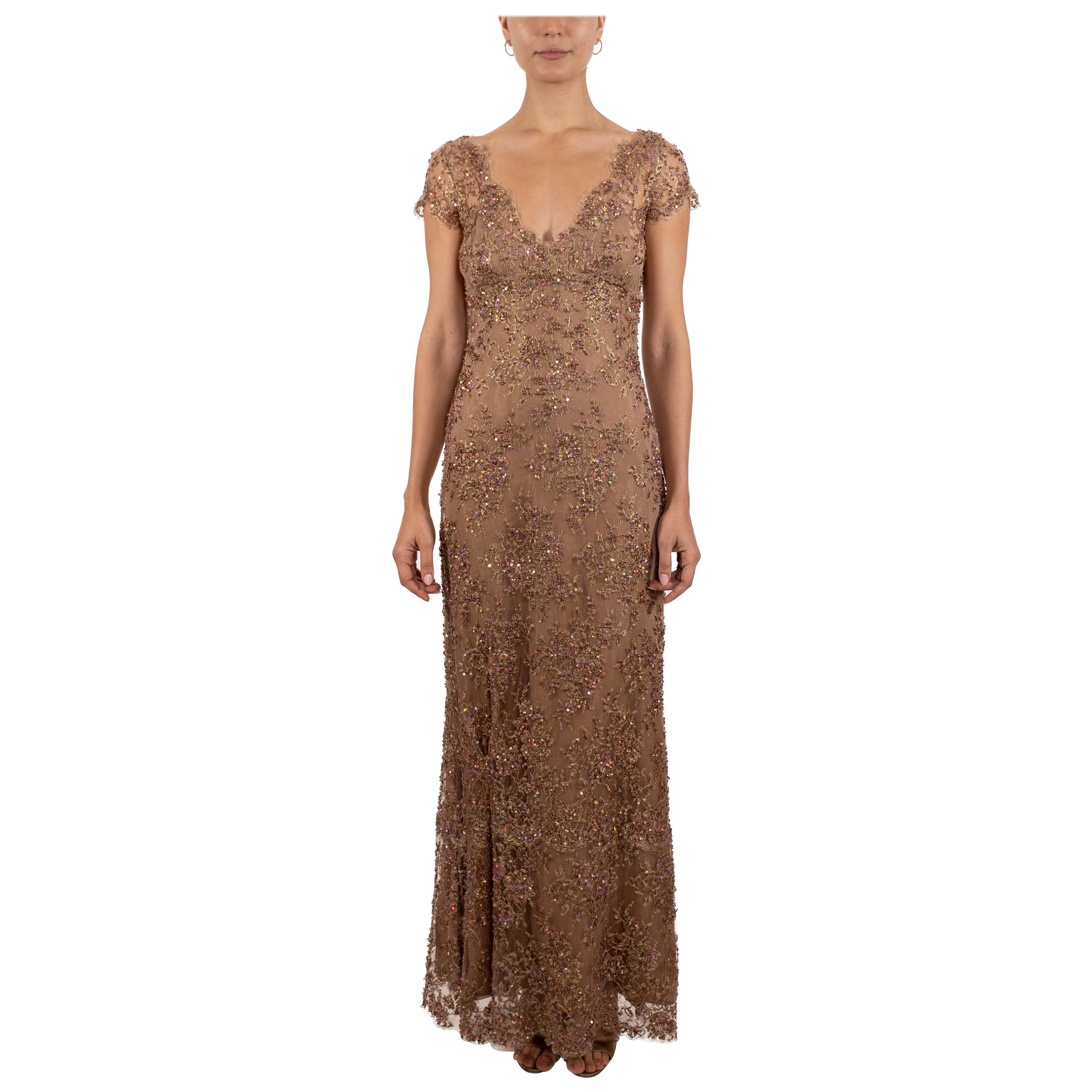 1990S Light Mocha Brown Hand Beaded Rayon & Silk Chantilly Lace Gown With Short For Sale