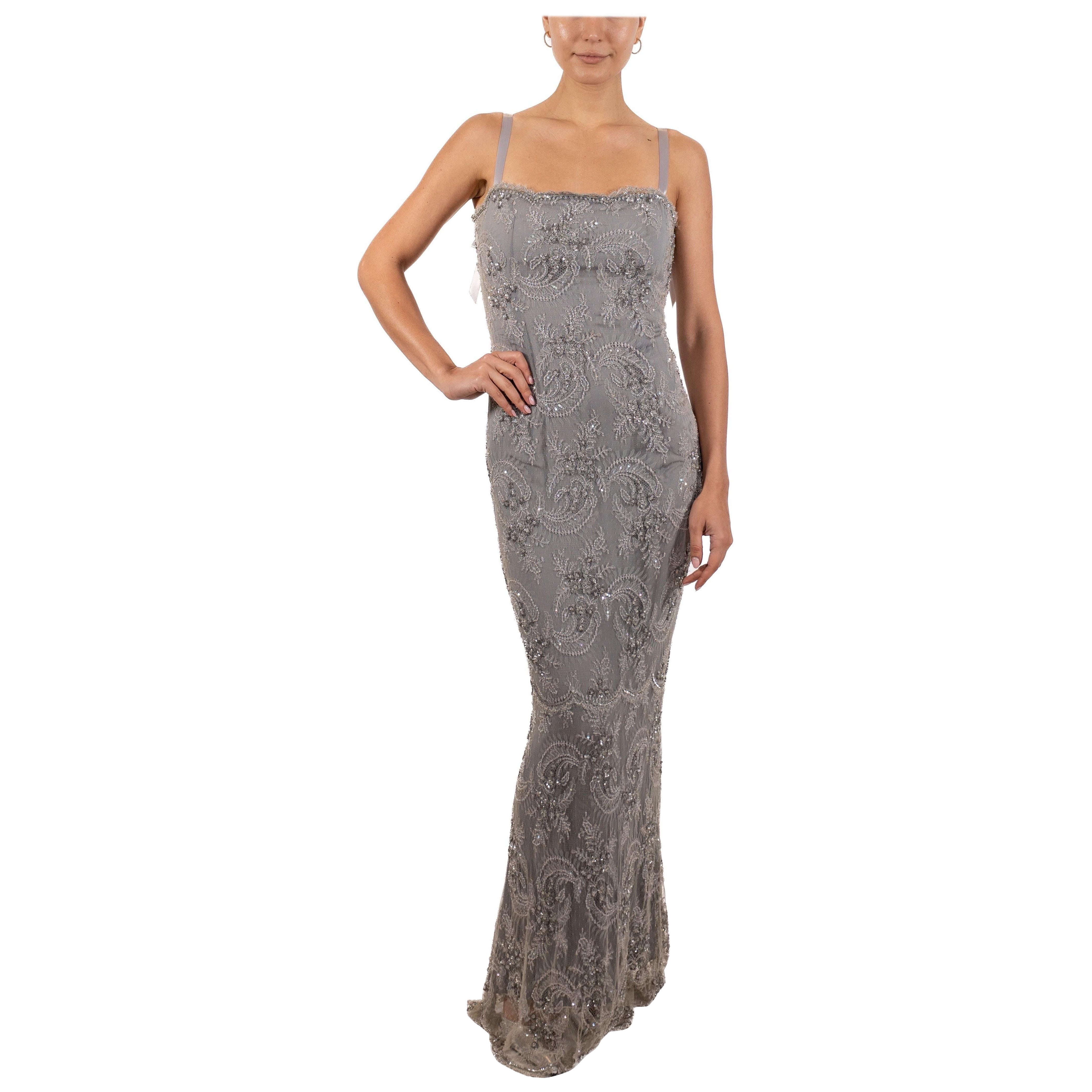 1990S Silver Hand Beaded Rayon & Silk Chantilly Lace Gown For Sale