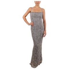 1990S Silver Hand Beaded Rayon & Silk Chantilly Lace Gown