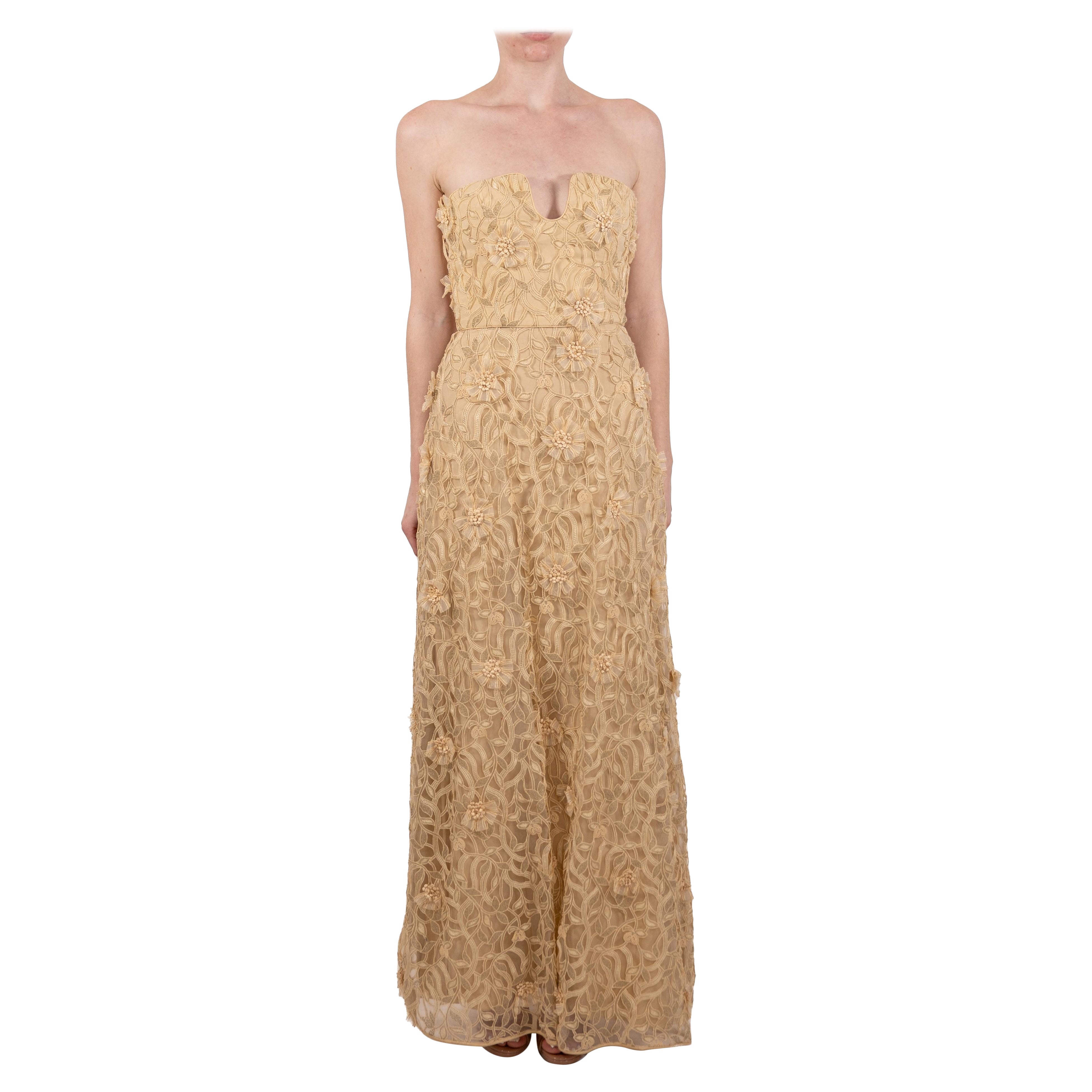 1990S Cream Rayon & Silk 3-D Cutwork Lace Strapless Gown For Sale