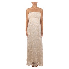 1990S Robe bustier en tulle brodé de fleurs en soie et rayonne crème