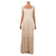 1990S Pearl White Beaded Silk & Lace Titanic Inspired Empire Waist Gown With Sh