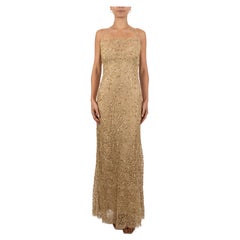 1990S Metallic Gold Silk & Lurex Lace Fully Beaded Column Gown
