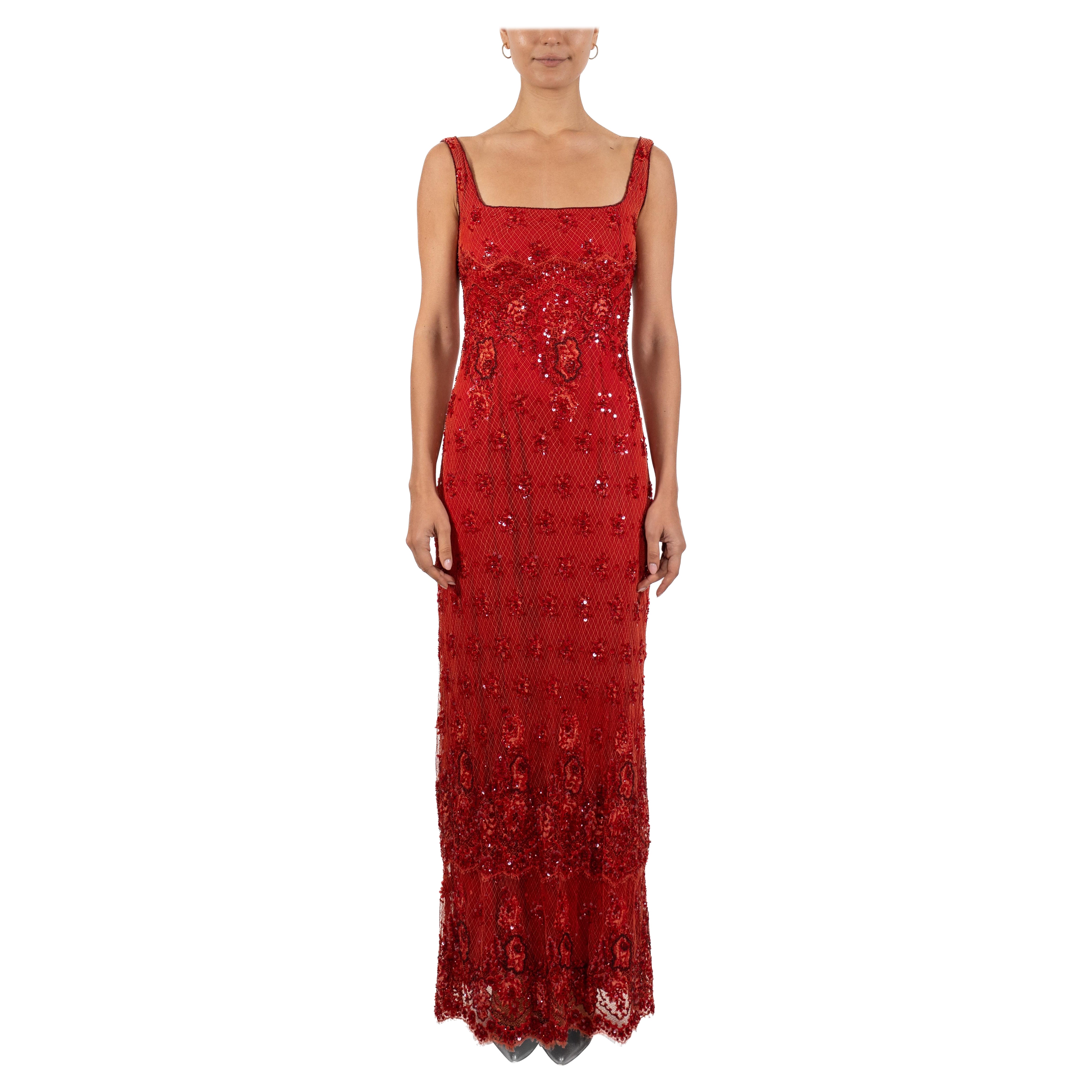 1990S Tomato Red Beaded Silk & Lace Gown For Sale