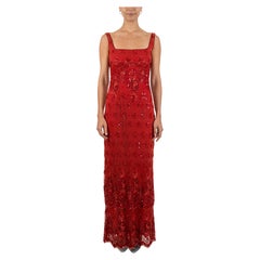 1990S Tomato Red Beaded Silk & Lace Gown