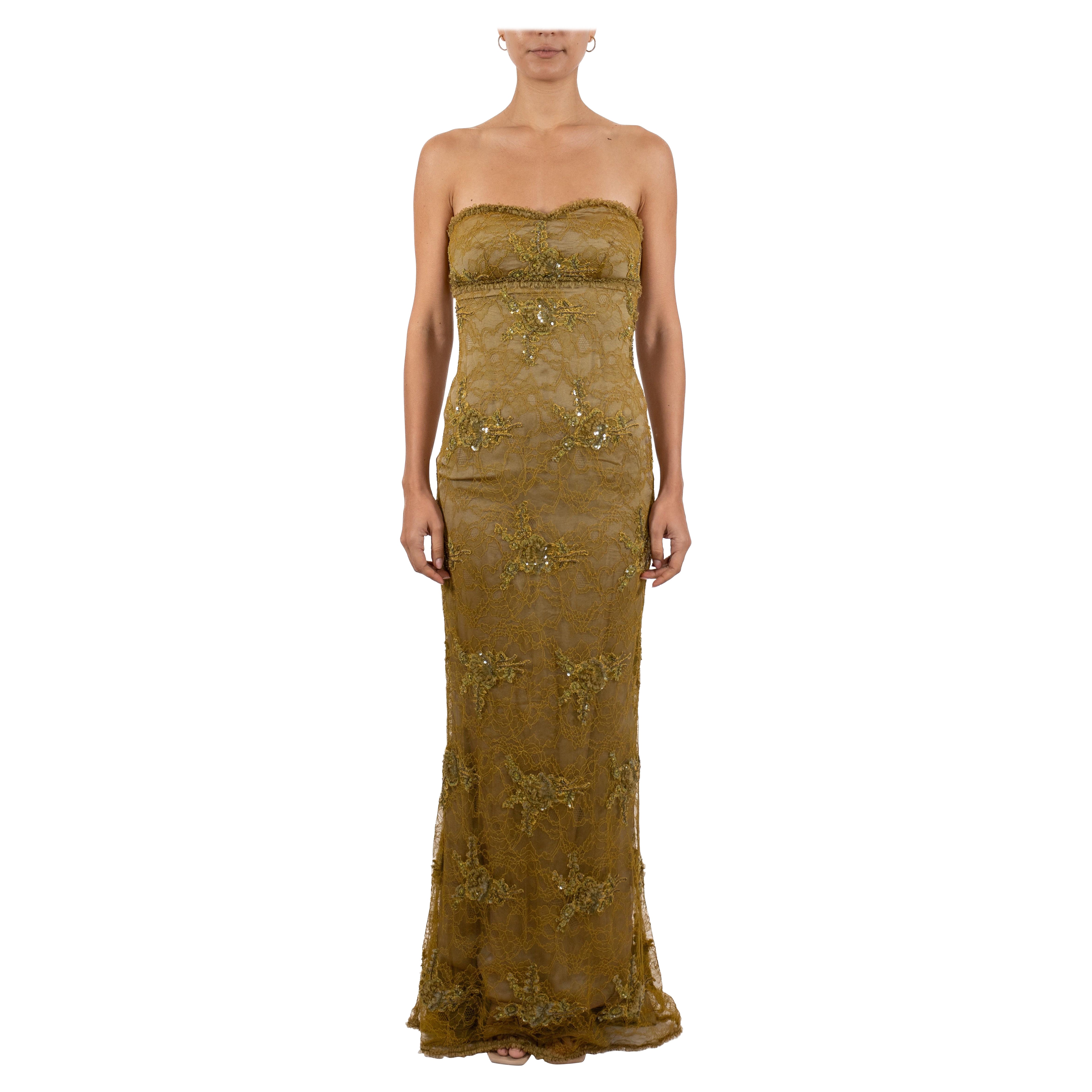 1990S Acid Green Beaded Silk & Lace Strapless Empire-Waist Gown For Sale