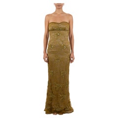 1990S Acid Green Beaded Silk & Lace Strapless Empire-Waist Gown