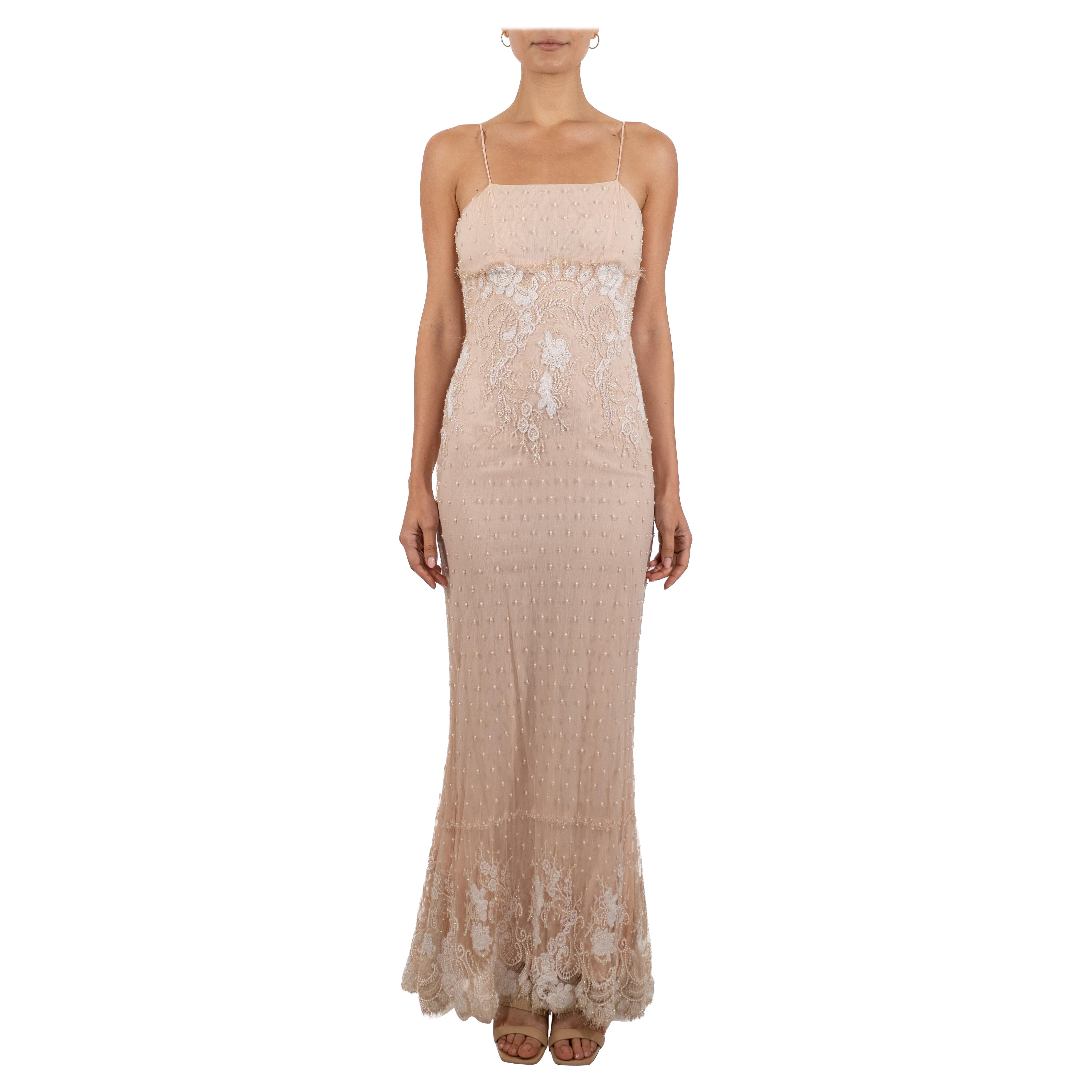 1990S Blush Pink & White Rayon Silk Chantilly Lace Beaded Gown For Sale