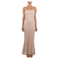 1990er Blush Pink & Weiß Rayon Seide Chantilly Spitze Perlenkleid