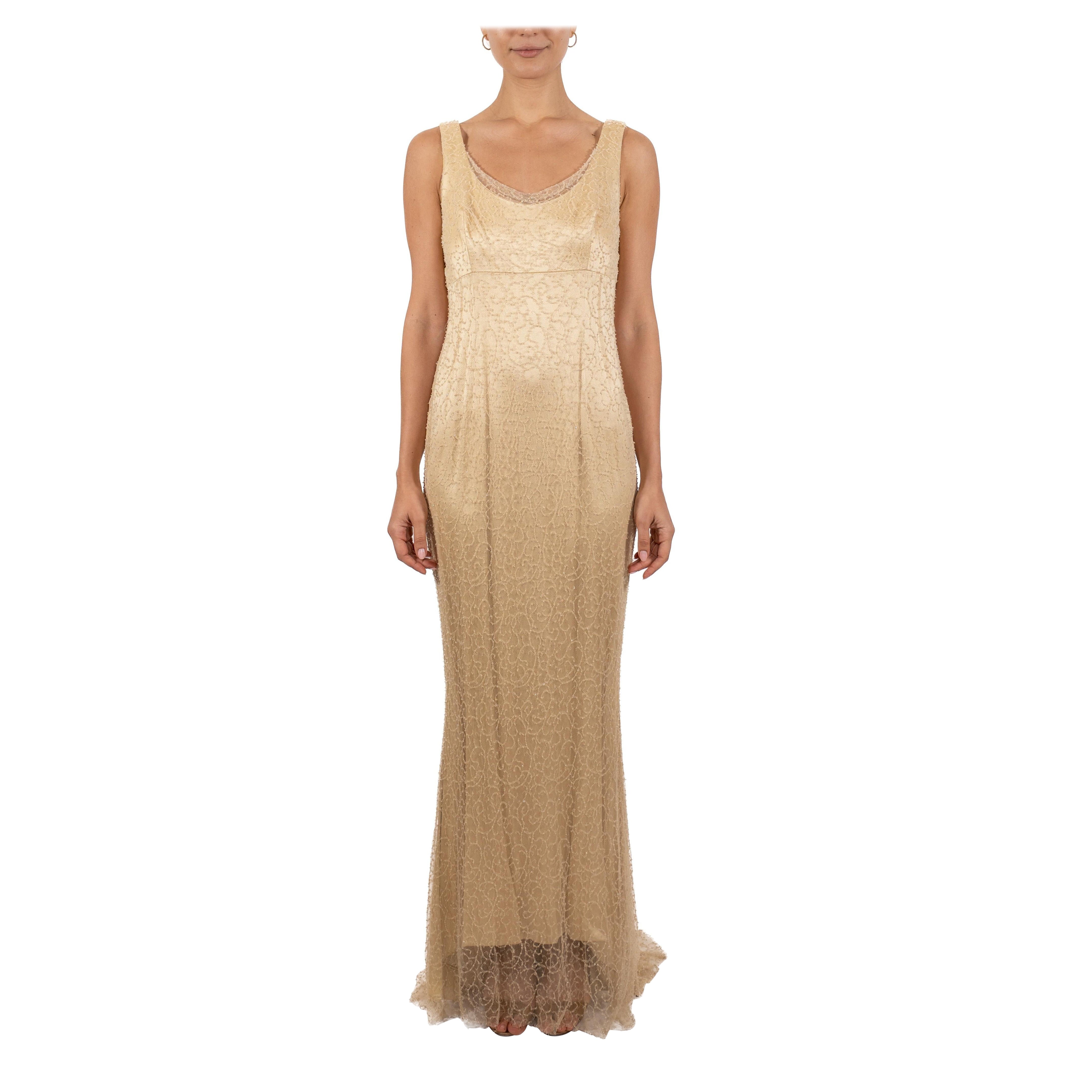 1990S Cream Beaded Silk & Lace Minimalist Empire Waist Gown For Sale