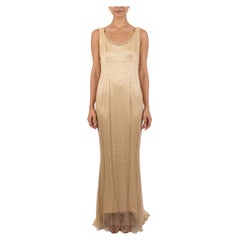 1990S Cream Beaded Silk & Lace Minimalist Empire Waist Gown
