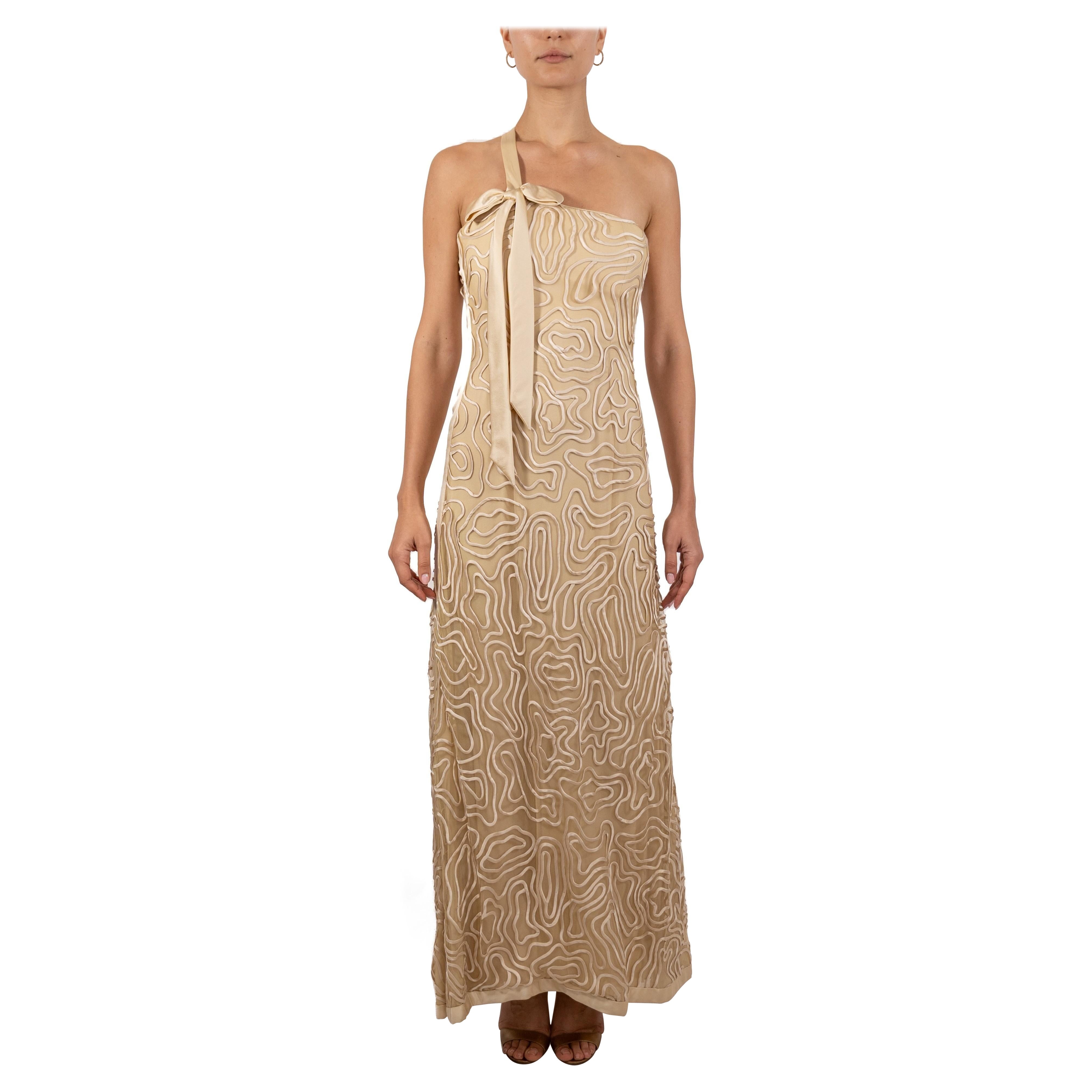 1990S Ecru & Ivory Silk Cord Embroidered Tulle Gown For Sale