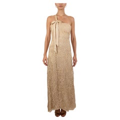 1990S Ecru & Ivory Silk Cord Embroidered Tulle Gown