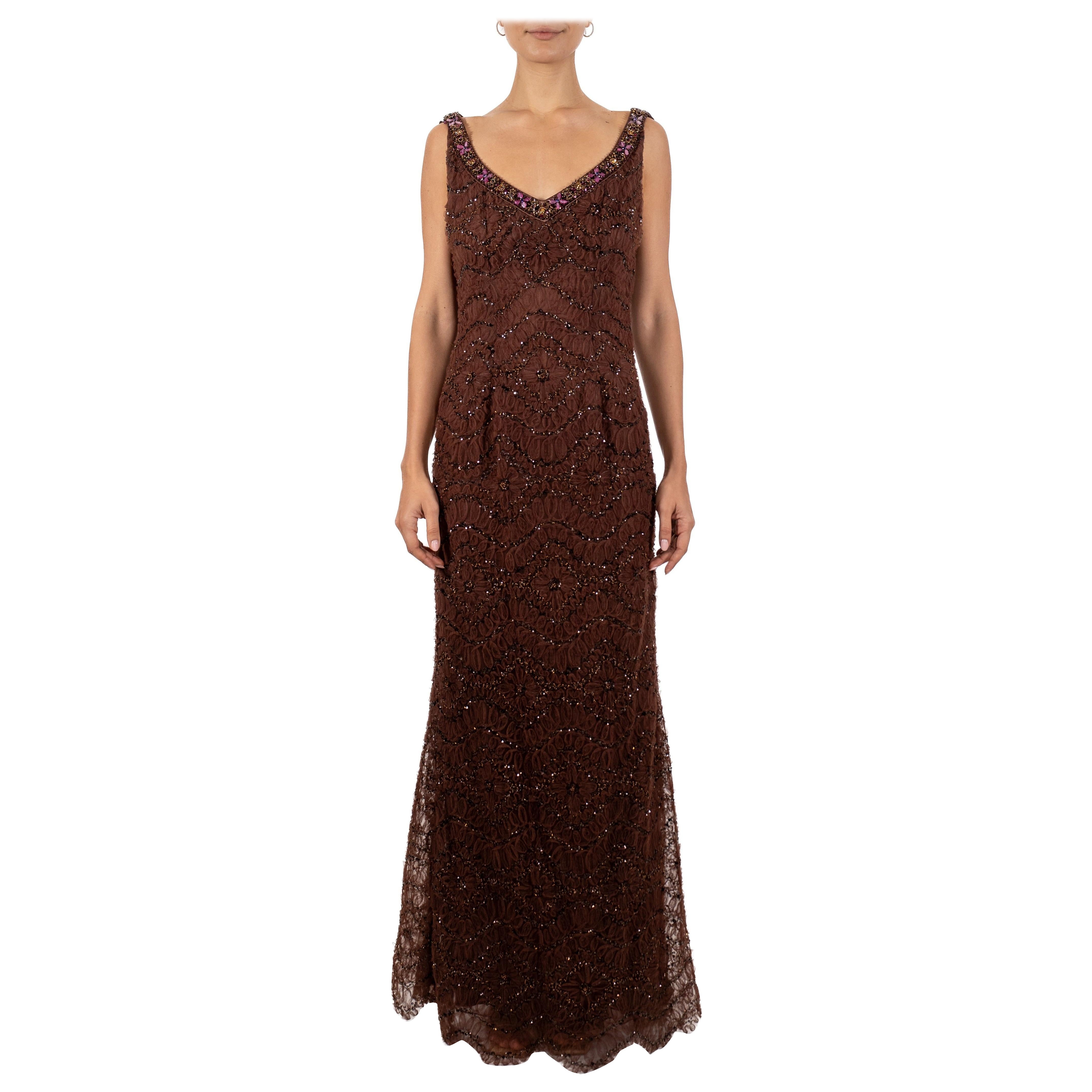 1990S Chocolate Brown Beaded Silk & Nylon Ribbon Lace Gown With Pink Accents For Sale