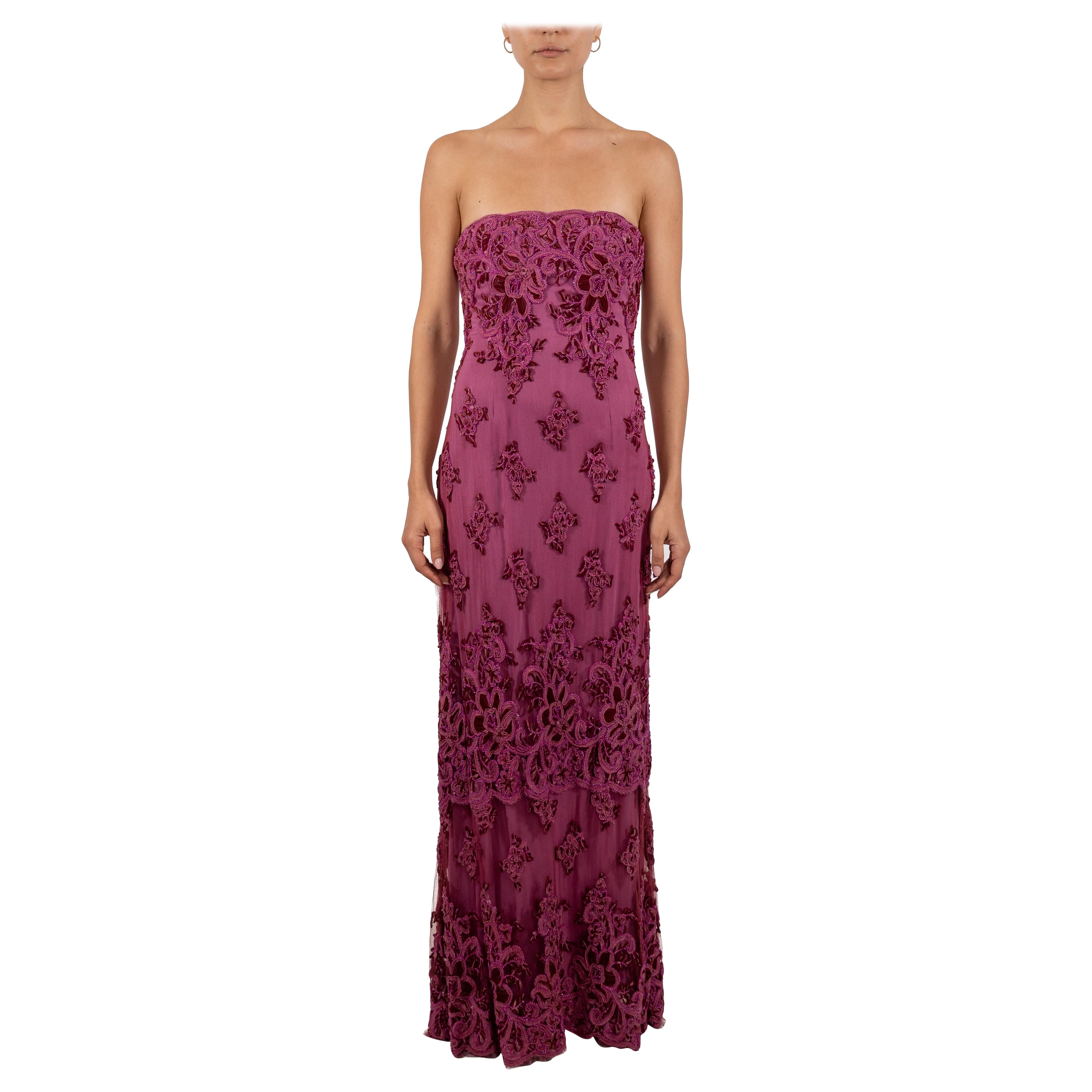 1990S Fuchia Beaded Silk & Nylon Chantilly Lace Gown For Sale