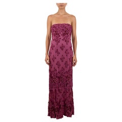 1990S Fuchia Beaded Silk & Nylon Chantilly Lace Gown