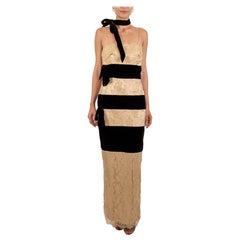 1990S Braun & Gold Seidensamt Metallic Spitze Trägerlos Kleid