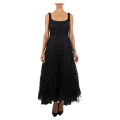 Abito da ballo 1990S in pizzo e strati di tulle in poli/nylon nero