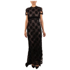 1990S Black Silk Chantilly Lace Short Sleeved Gown With Ribbon Flowers