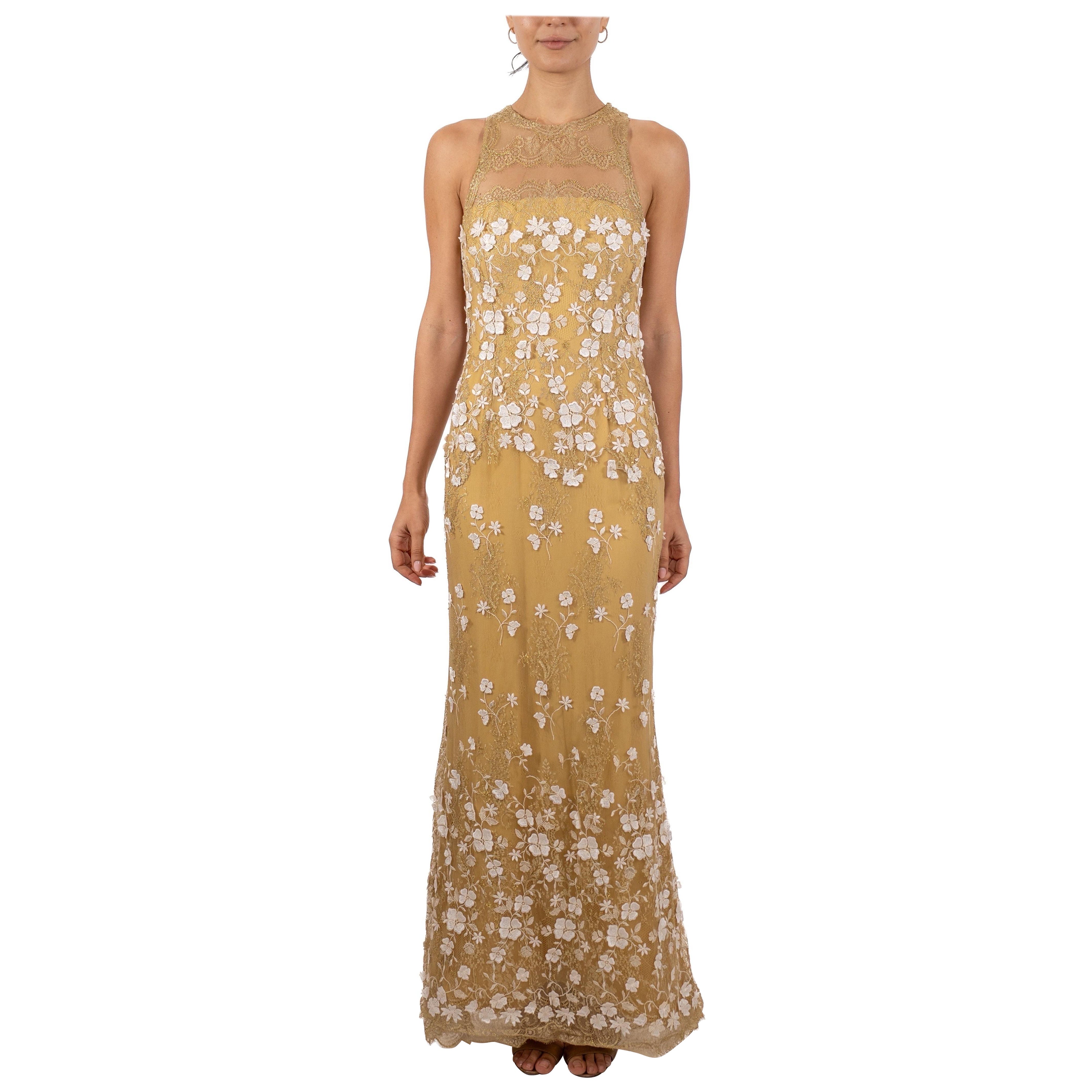 1990S Metallic White & Gold Silk Blend Lace Gown With Appliqué Flowers For Sale