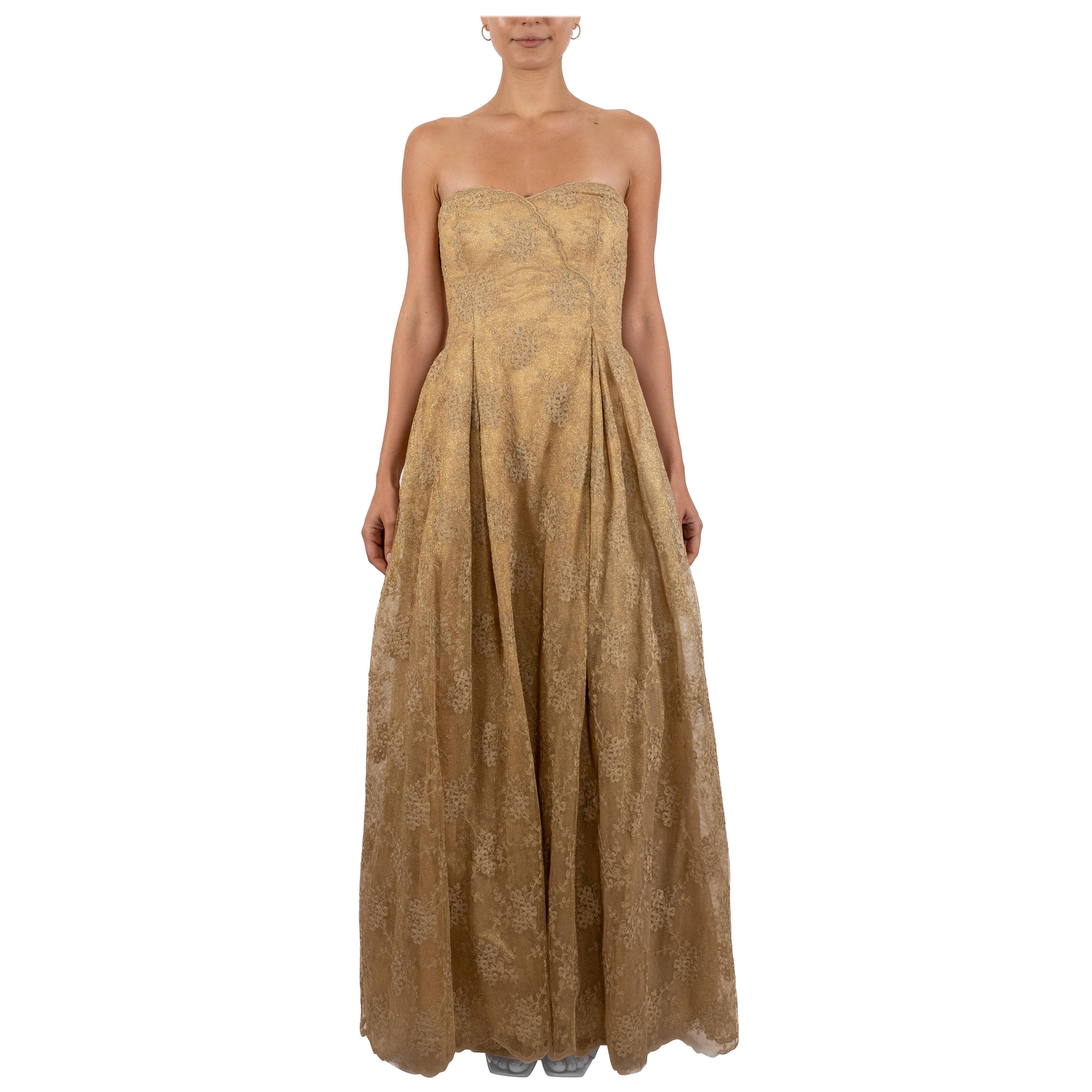 1990S Metallic Gold Silk Blend Lace Strapless Ball Gown For Sale