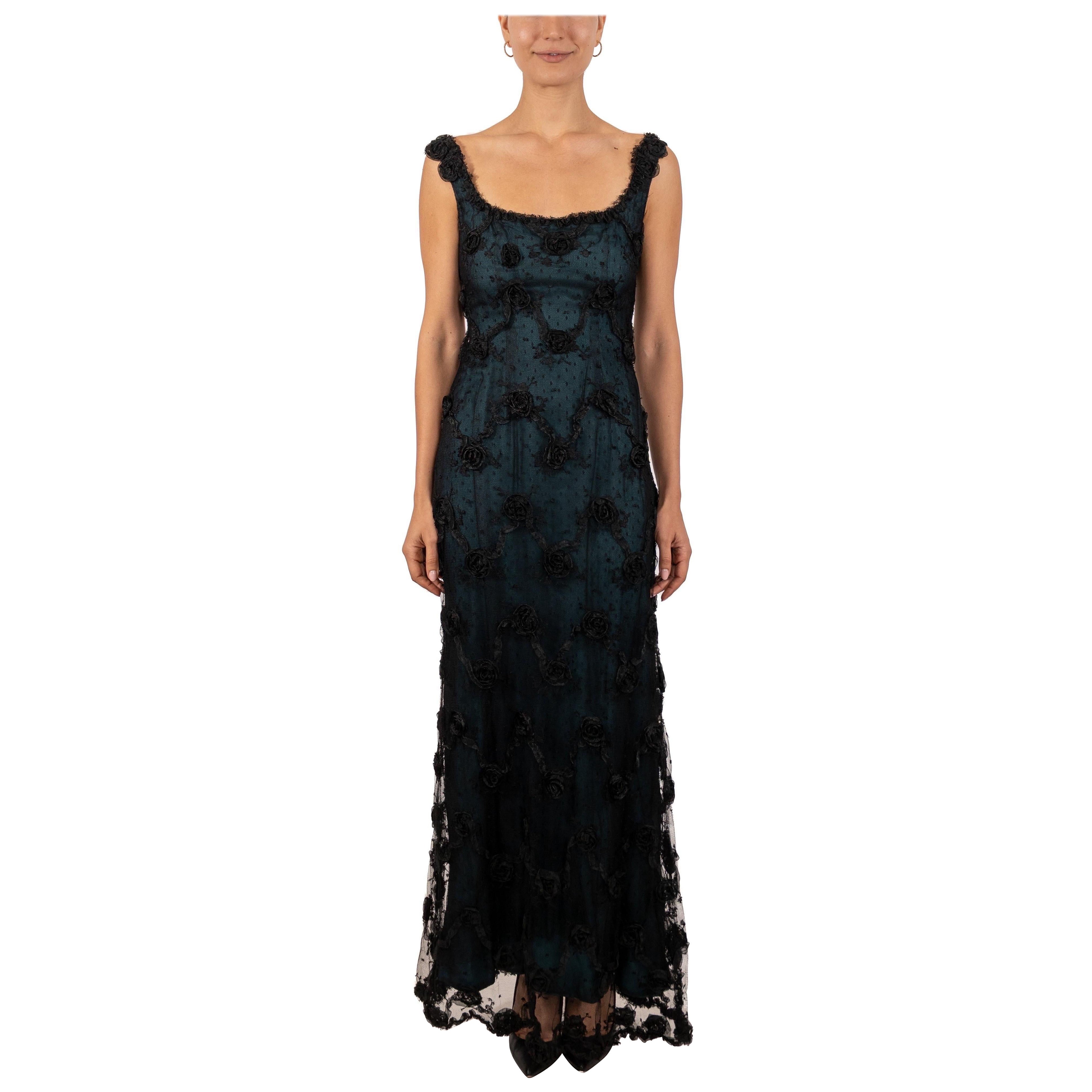 1990S Black Chantilly Lace Underlined In Teal Silk Satin Gown With Organza Ribb For Sale