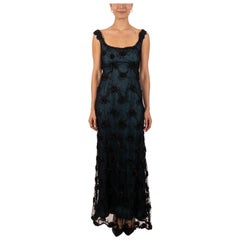 1990S Black Chantilly Lace Underlined In Teal Silk Satin Gown With Organza Ribb