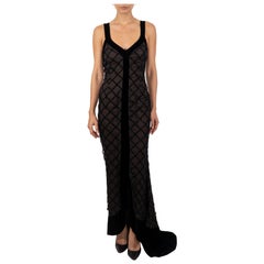 1990S Black Cage Embroidered Silk & Rayon Tulle Long Line Gown With Velvet Train