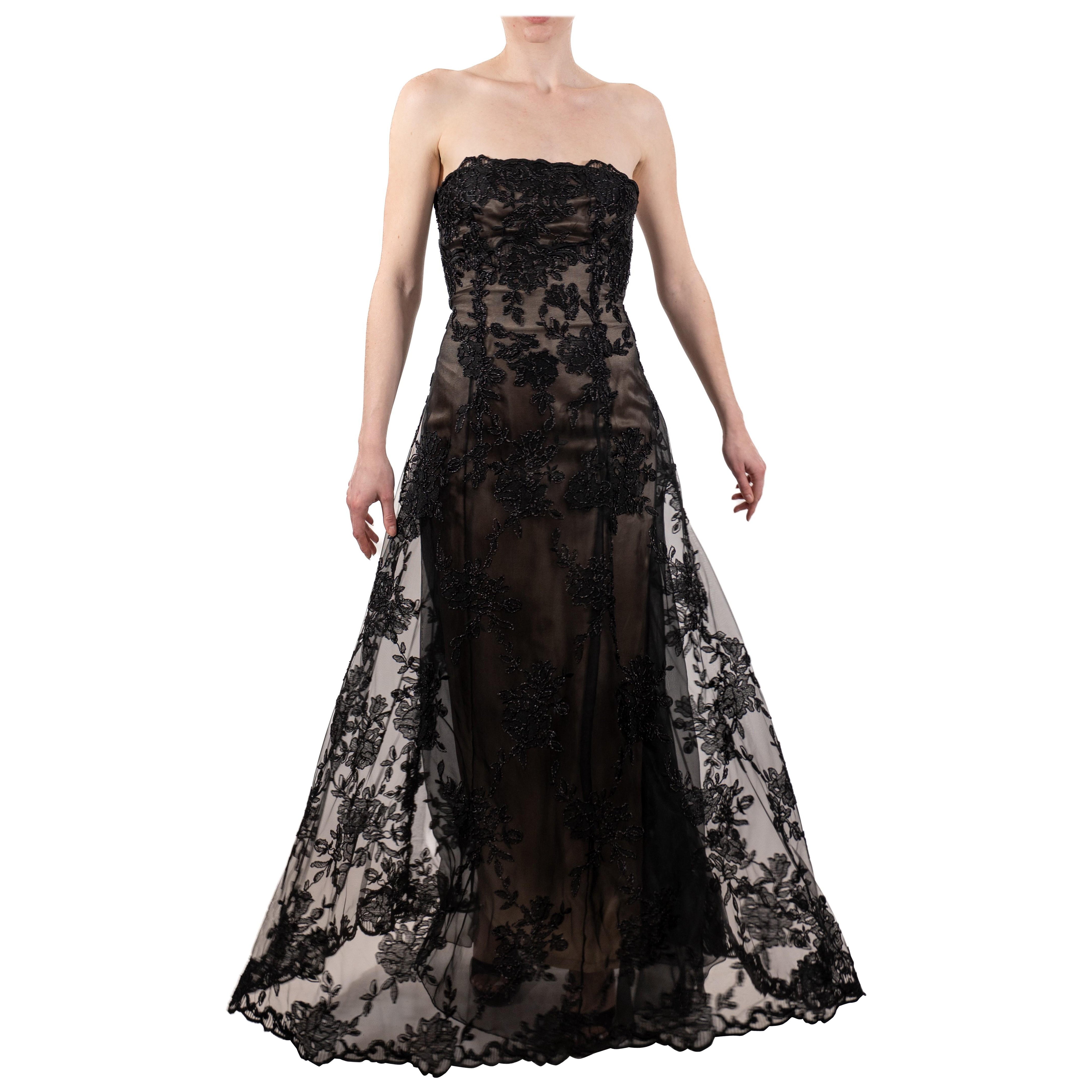 1990S Black Metallic Embroidered Tulle Over Champagne Silk Strapless Gown For Sale