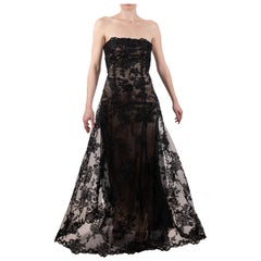 1990S Black Metallic Embroidered Tulle Over Champagne Silk Strapless Gown