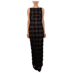 1990S Black Tulle Floral Ribbon-Work Lace Long Line Gown