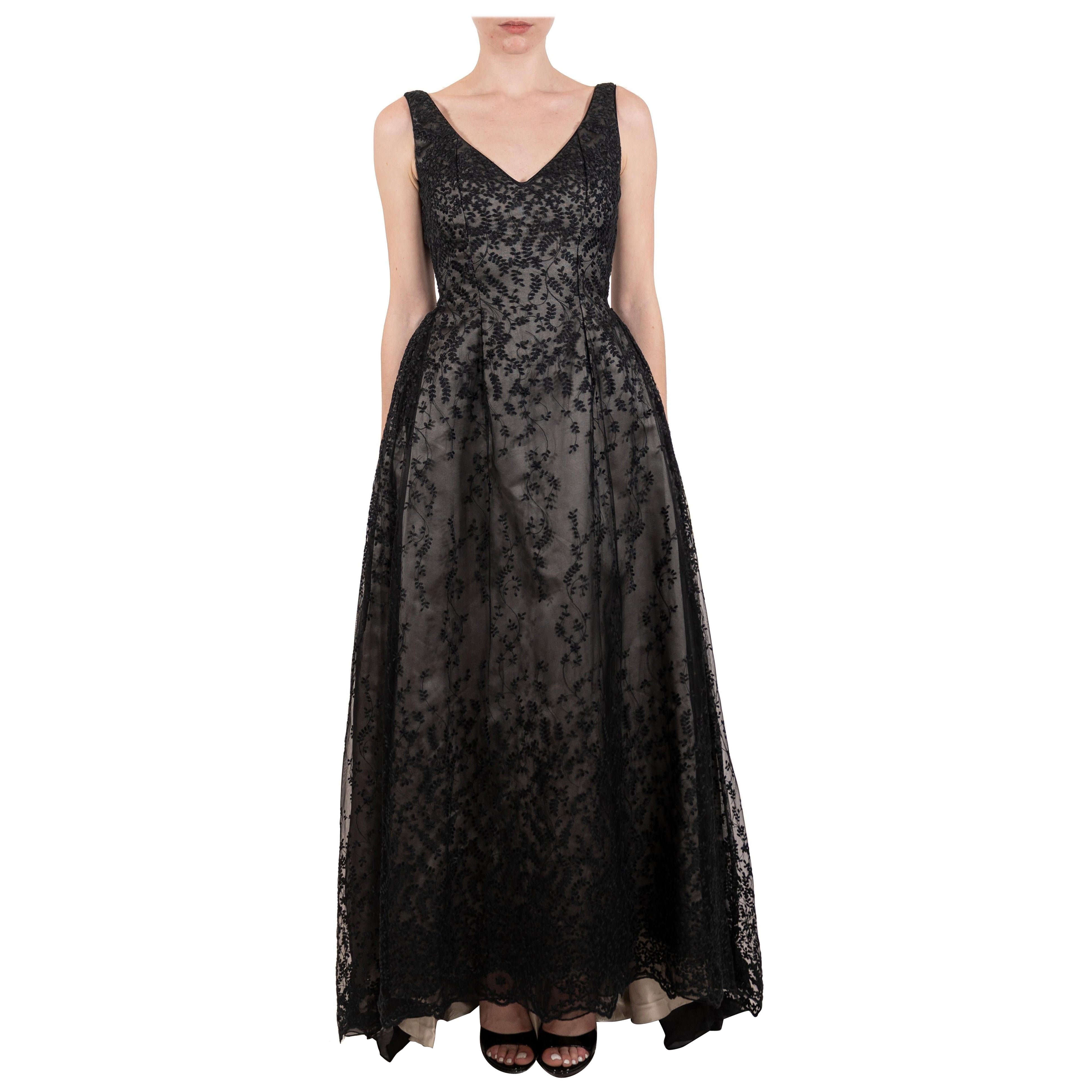 1990S Black Semi-Sheer Embroidered Lace Ball Gown With Slight Train For Sale