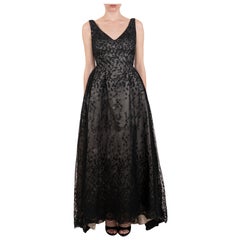 1990S Black Semi-Sheer Embroidered Lace Ball Gown With Slight Train
