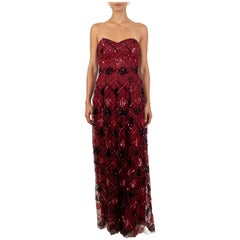1990S Garnet Red Sequined Silk Organza Plaid Gown