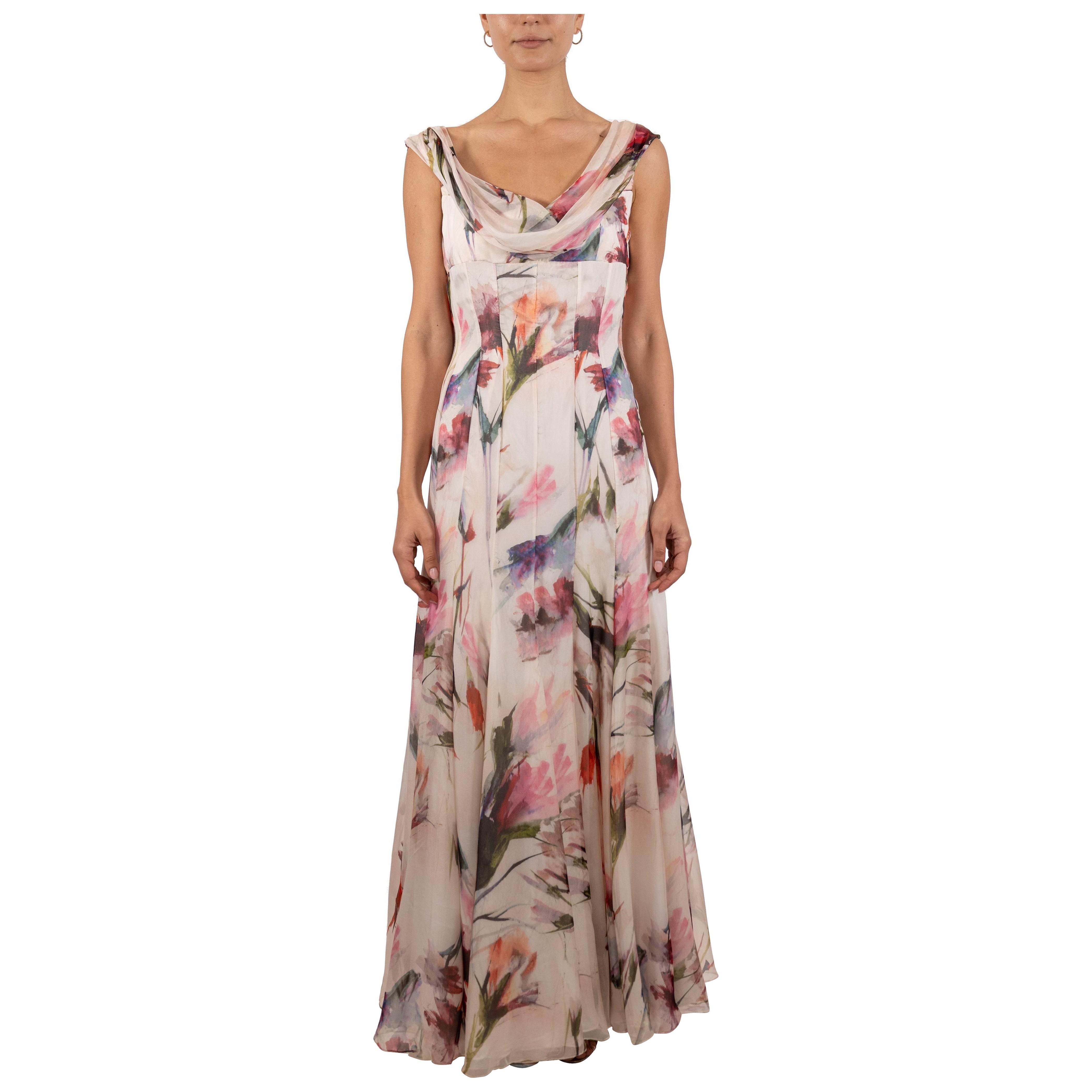 1990S Pink & White Floral Silk Chiffon Gown For Sale